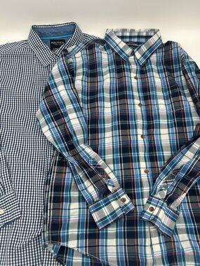 2 Nautica Boy’s Navy blue Plaid & check Button-Down casual dress Shirts 14/16 L